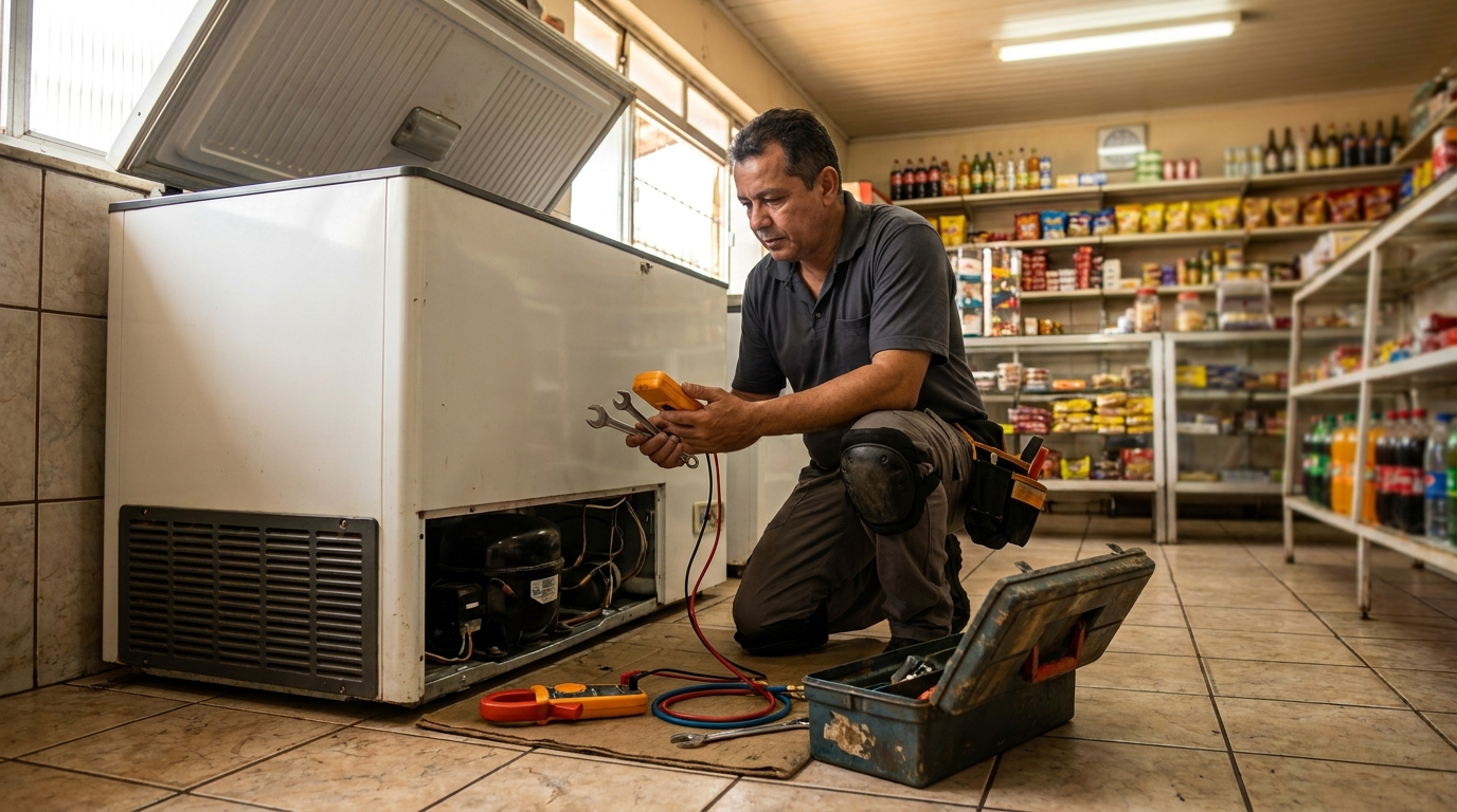 Técnico realizando manutenção de motor de freezer em São Luís‑MA
